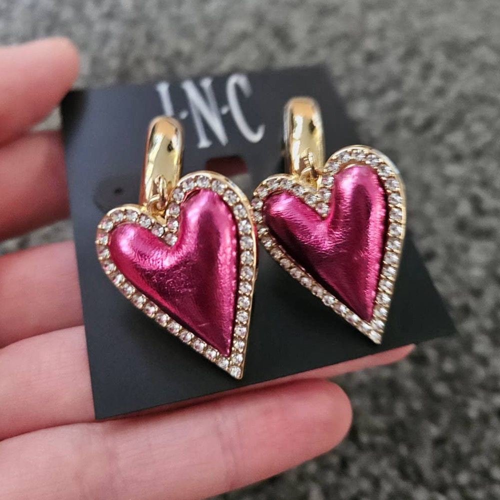 INC INTERNATIONAL CONCEPTS Gold-Tone Pave & Velvet Heart Charm Hoop Earrings
